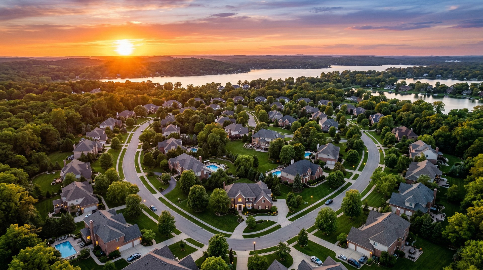 Homes among trees and lakes at sunset