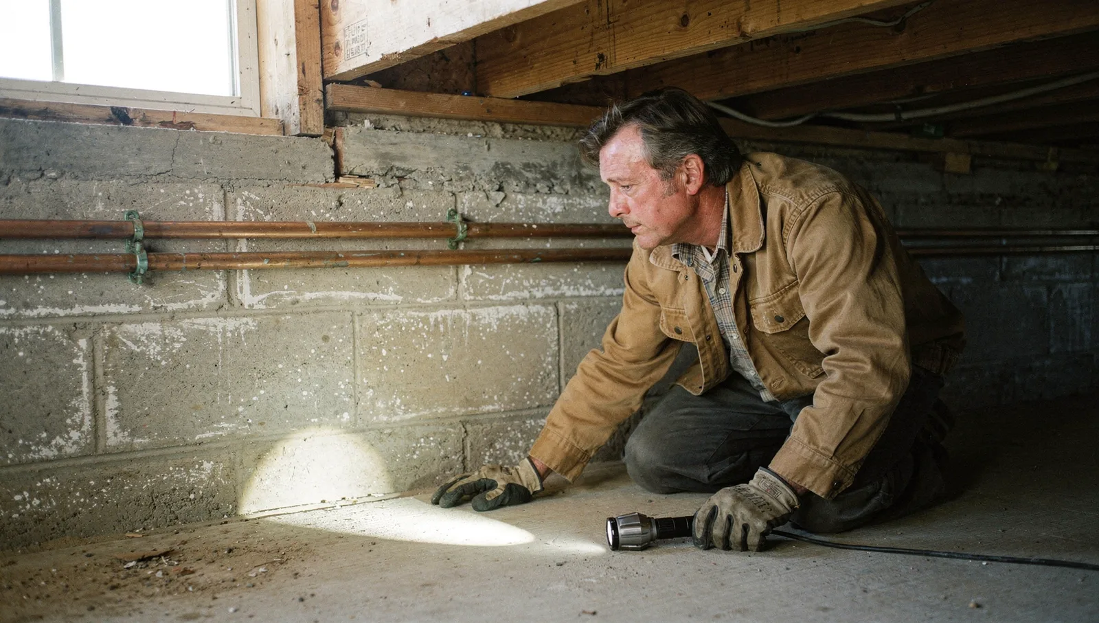 Home inspector crouching in an unfinished basement, shining a flashlight on foundation pipes and wood joists.