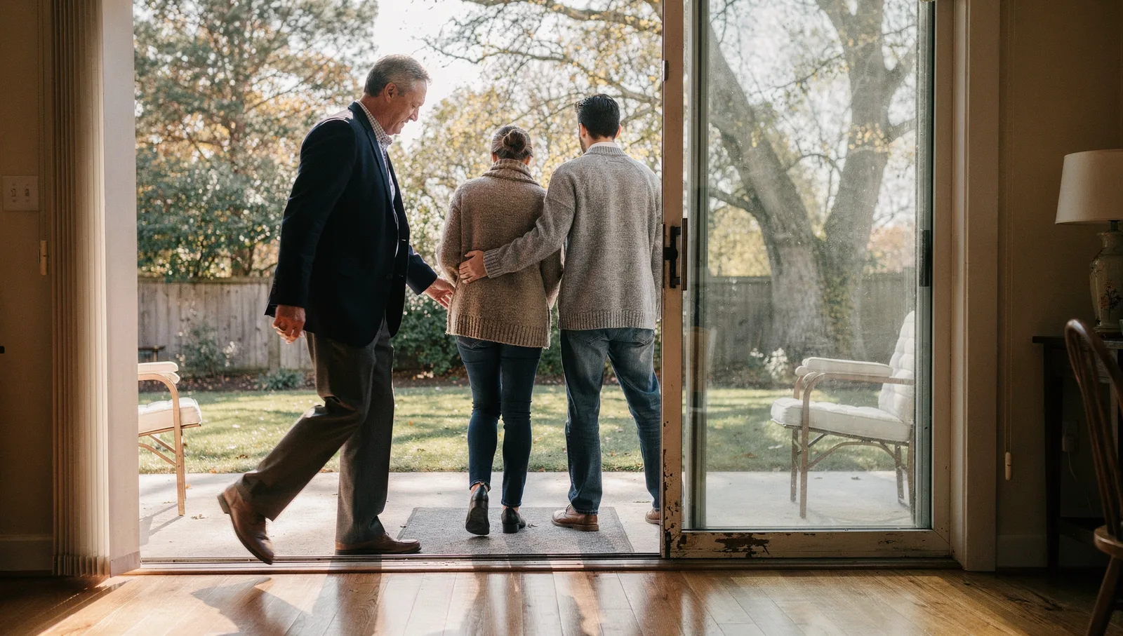 A real estate agent opens glass patio doors for a young couple during a house showing.