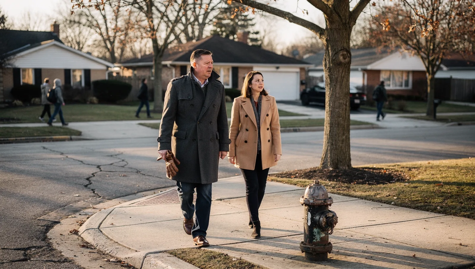 A man in a charcoal coat and a woman in a camel coat walk down a tree-lined residential sidewalk in morning light.