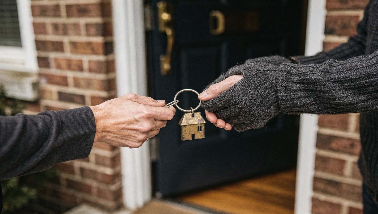 Close-up of hands passing brass house keys to a new homeowner on the porch of a brick colonial house.