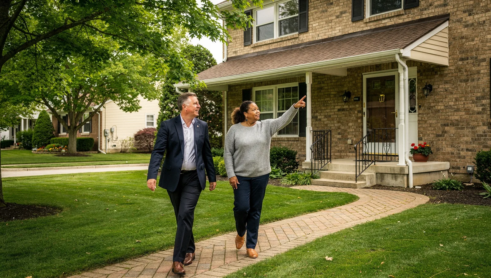 Real estate agent and homeowner walking down a brick path toward a colonial house while discussing the property.