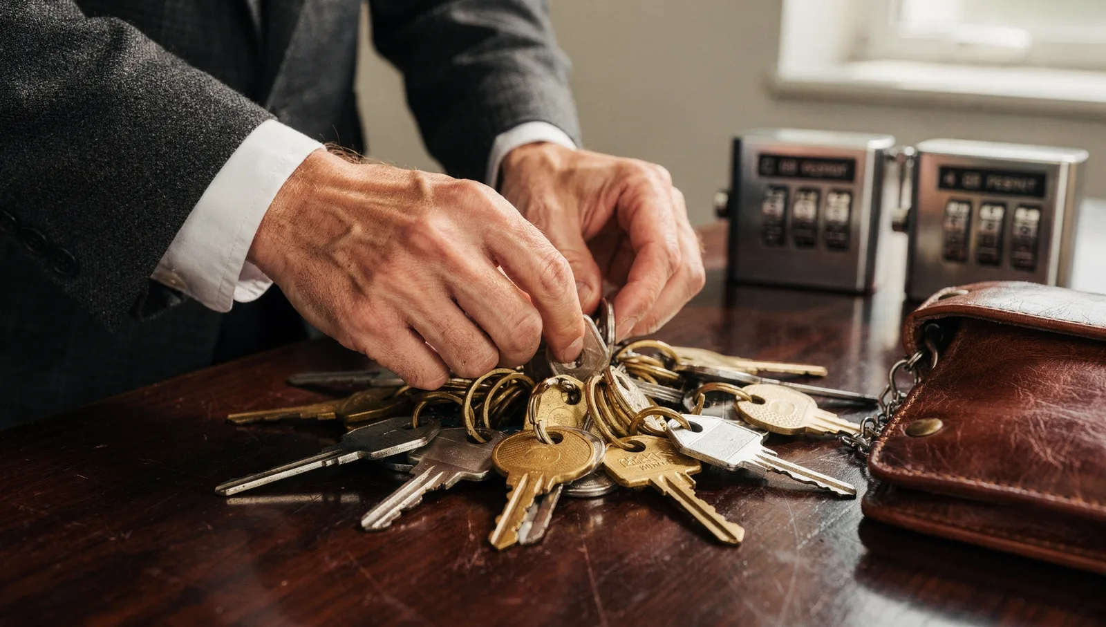Hands in a suit organizing house keys onto brass rings on a wooden desk near lockboxes and a leather pouch.