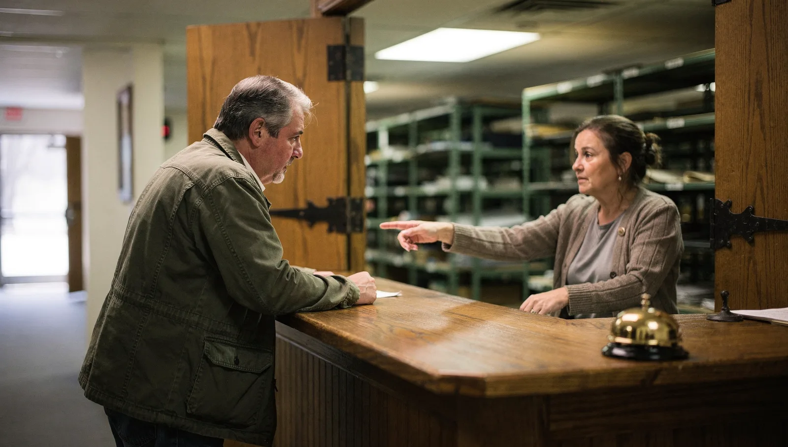 Person in an olive jacket talking with a clerk over a wooden counter in a county records office with archive shelves.