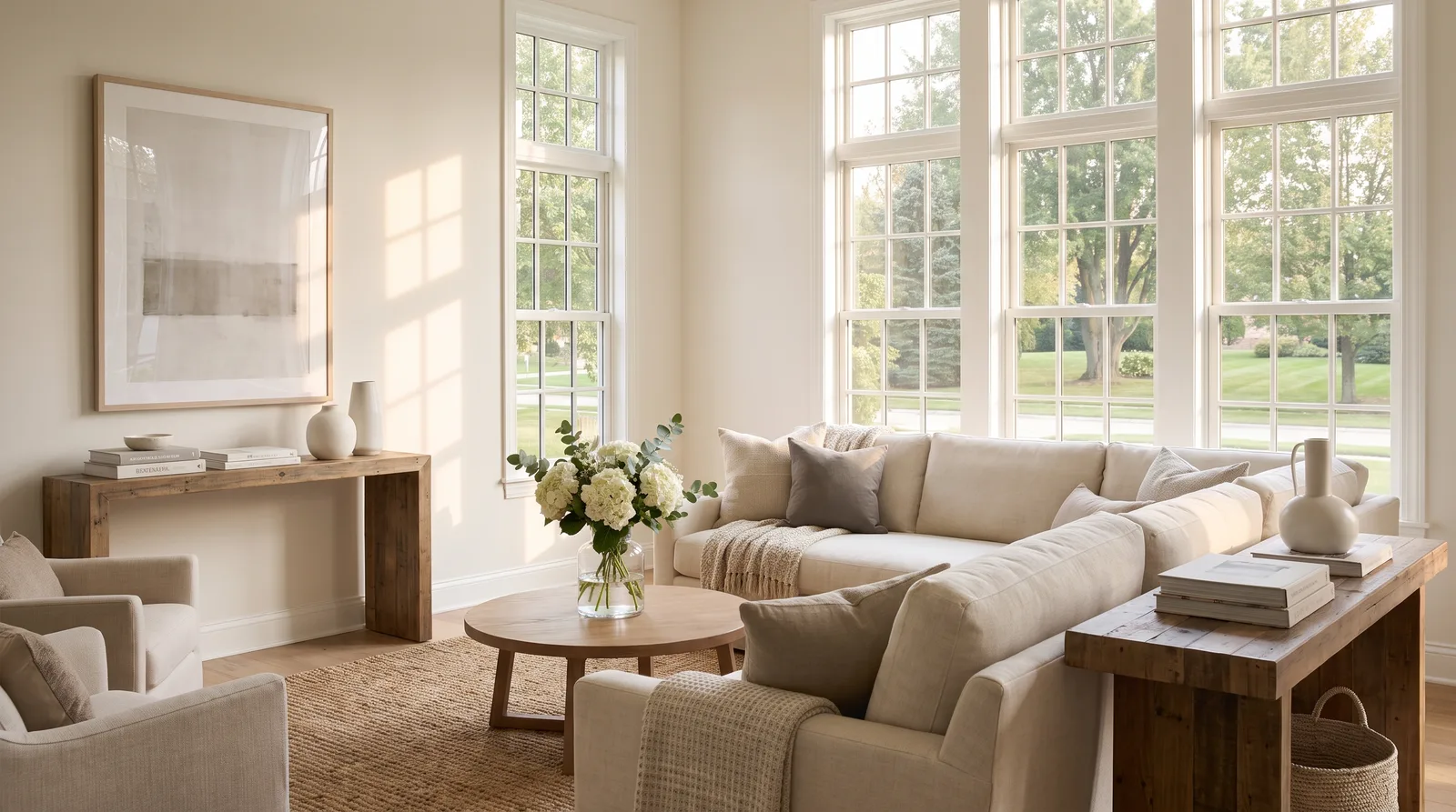 Bright suburban living room with neutral furnishings, fresh flowers, soft natural light, and minimal decor creating a