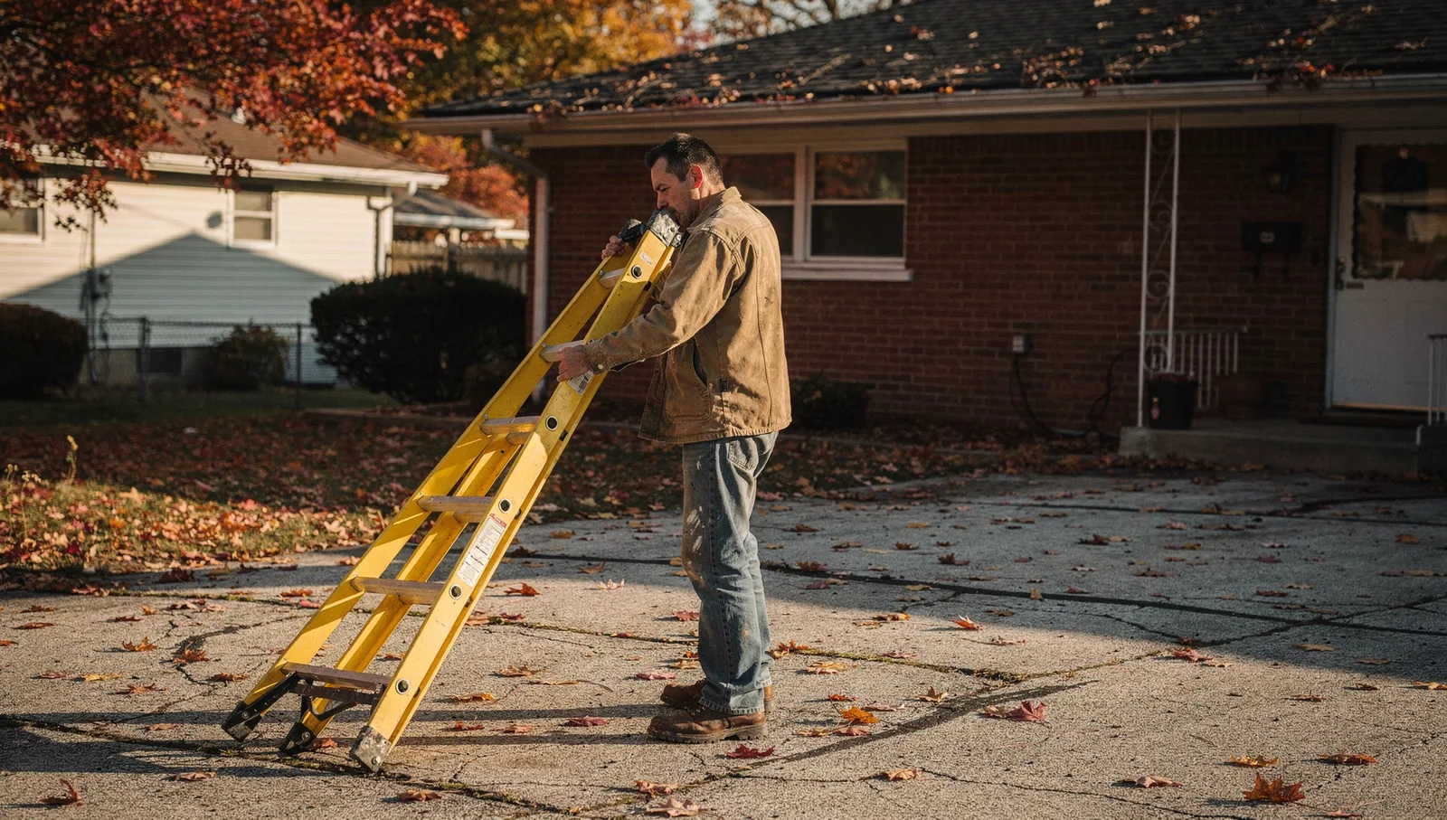 Home inspector unfolding a yellow fiberglass ladder on a driveway outside a brick ranch house in autumn.