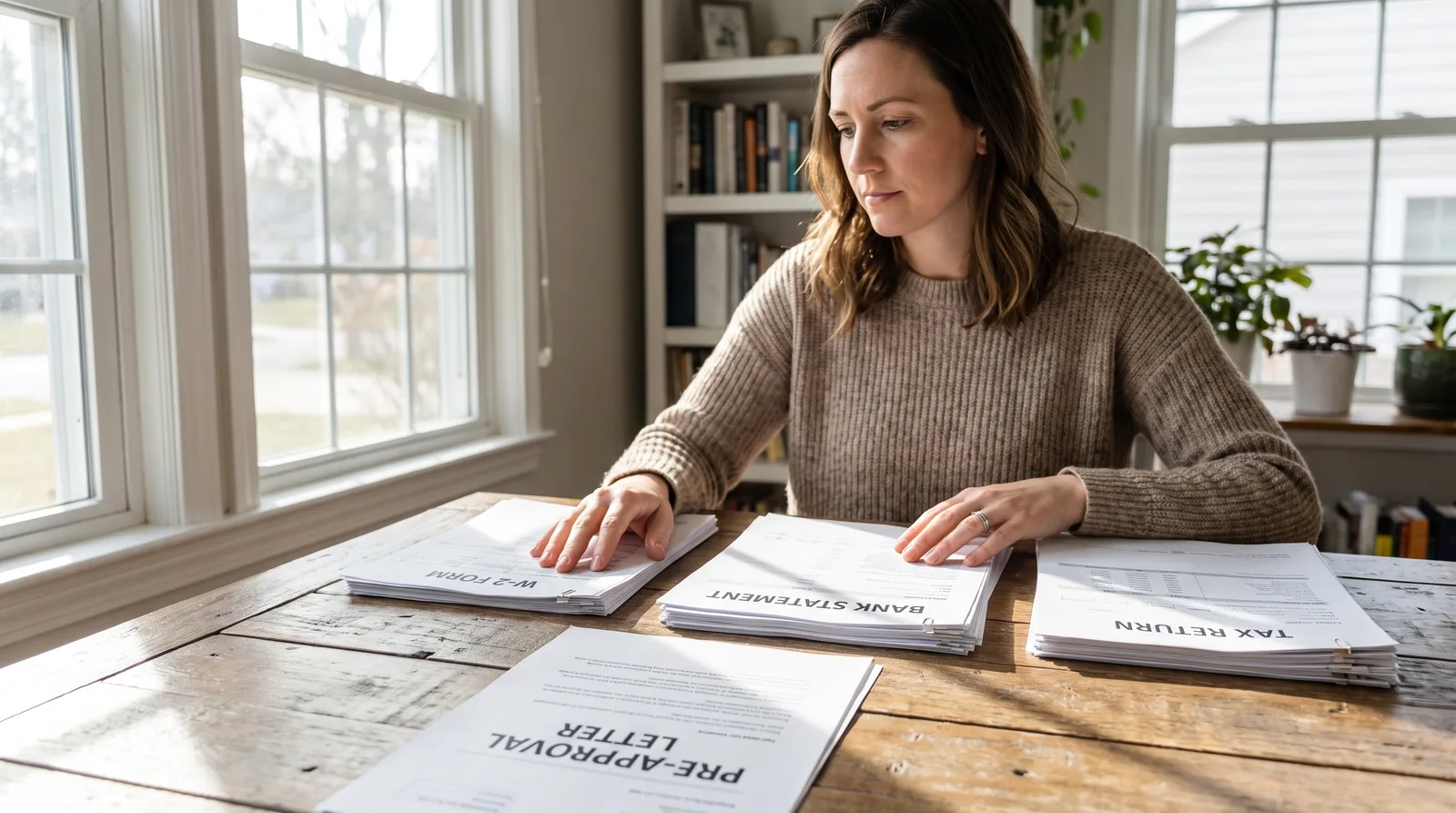 Homebuyer reviewing financial documents and mortgage preapproval letter at wooden desk.