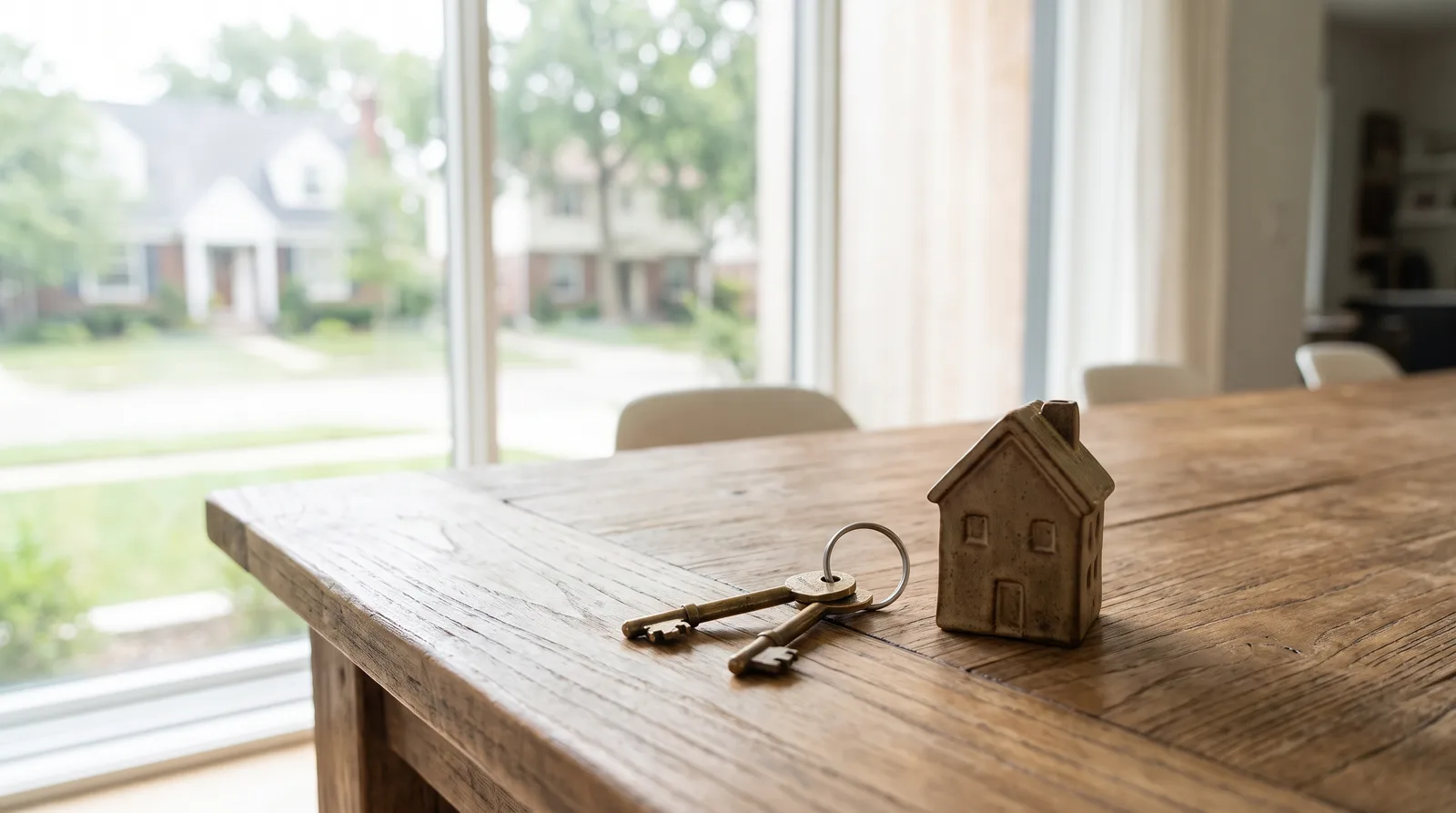 House keys next to a miniature ceramic house on a wooden table in front of a sunny window.