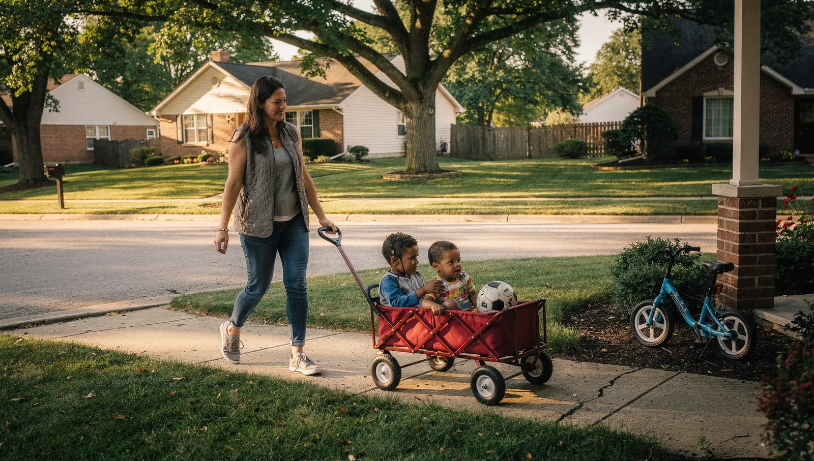 A mother pulls two young children in a red wagon along a sidewalk in a quiet, tree-lined suburban neighborhood.