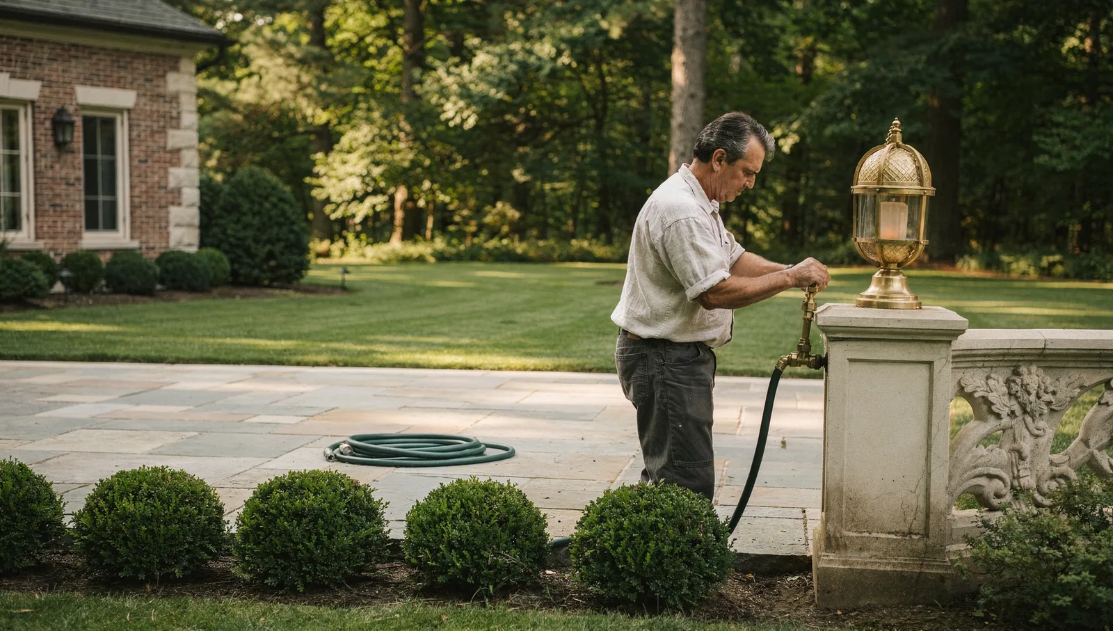 Person adjusting a brass garden hose nozzle beside a stone terrace overlooking an expansive lawn and mature trees.