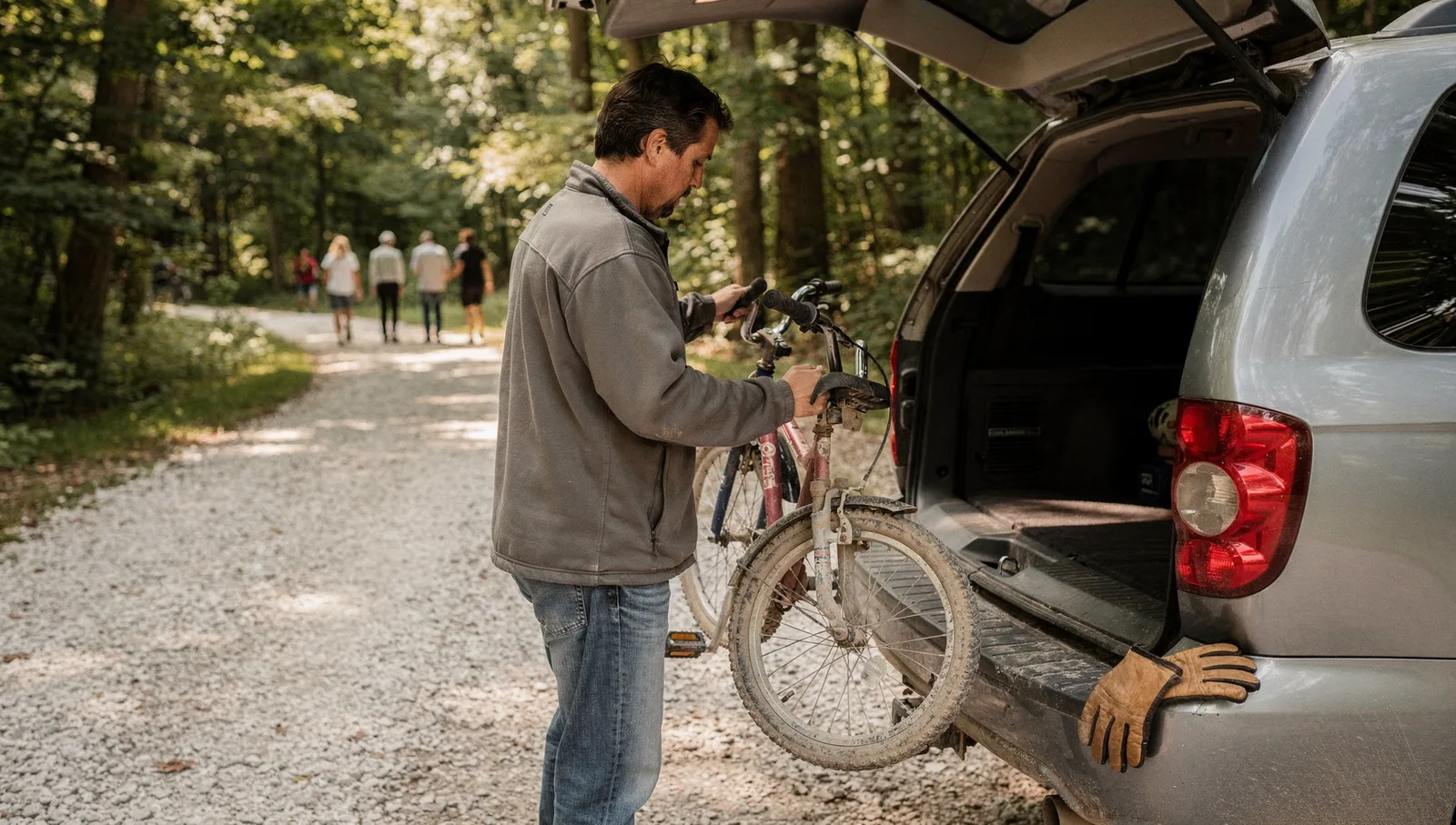 Parent unloads a child's bicycle from an SUV trunk at a wooded gravel trailhead in morning sunlight.