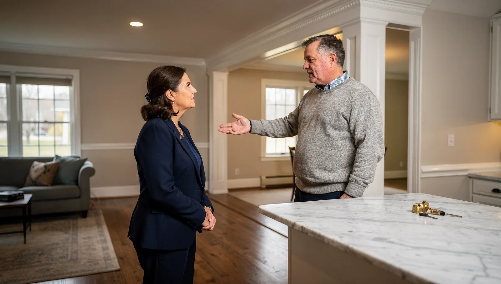 A real estate agent listens to a homeowner gesturing while discussing features in a bright living room.