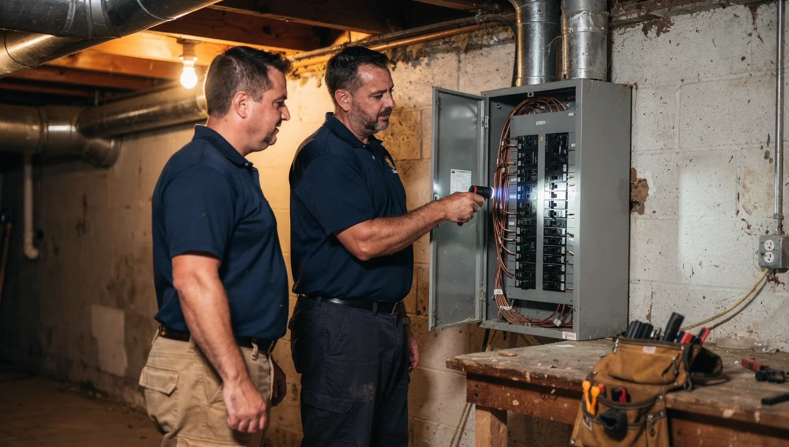 A home inspector shines a flashlight into an open electrical breaker panel beside a contractor in a basement.