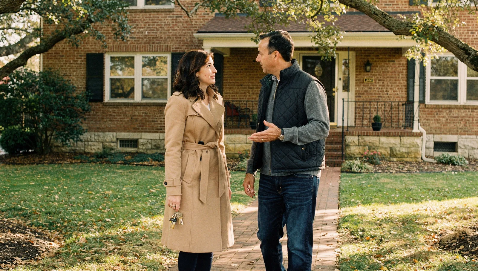A real estate agent and a homebuyer walking along a brick path toward a colonial house porch in autumn.