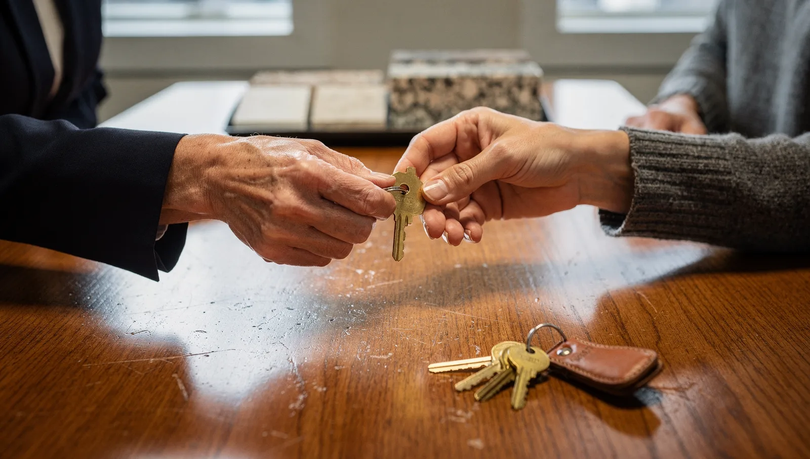 Two hands exchanging a brass house key across a polished wooden conference table.