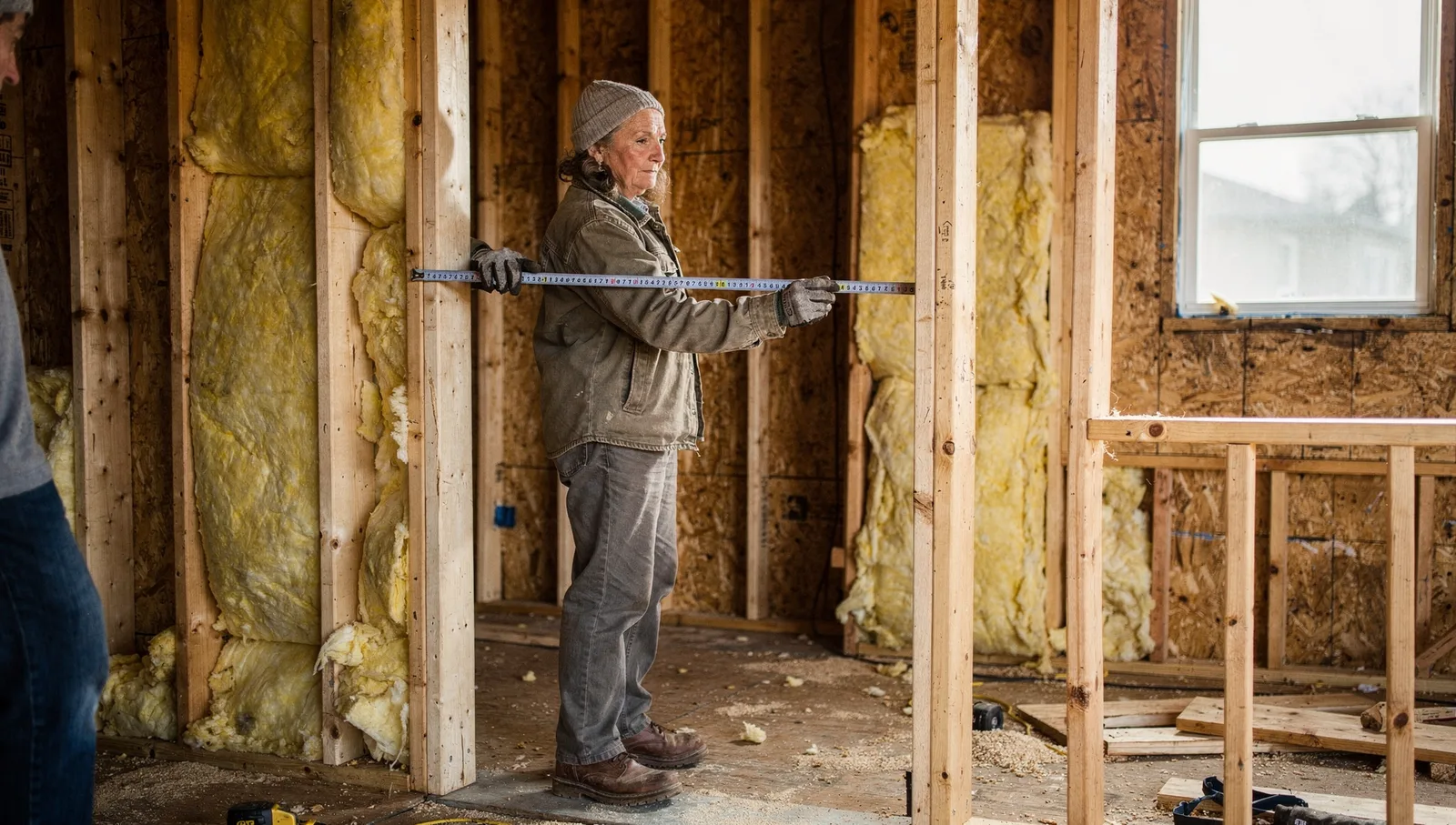 A township assessor uses a tape measure to inspect a framed doorway inside an unfinished home addition.